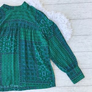 LOFT High Neck Long Sleeved Green Printed Blouse